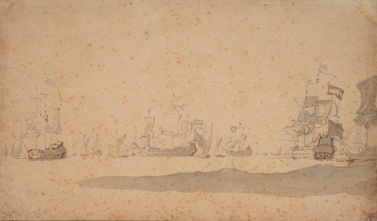 荷兰舰队卧倒，可能于 1672 年 5 月，约 1672 年（石墨，灰水彩） 作者 威廉·范·德·维尔德·韦尔德