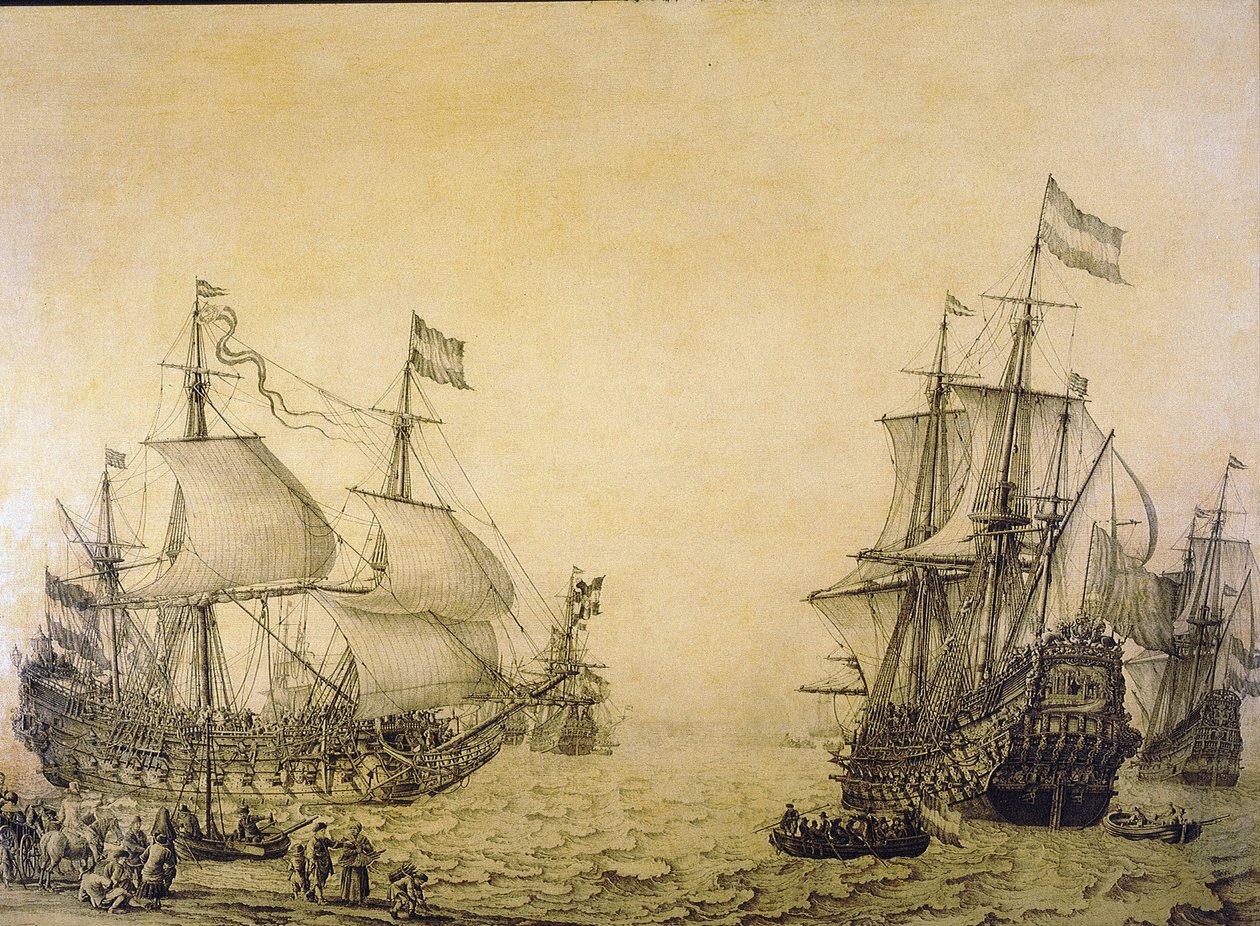 从两个角度描绘了离开海岸的荷兰船只 "Oosterwijk "号。木板上的格栅画 作者 威廉·范·德·维尔德·韦尔德