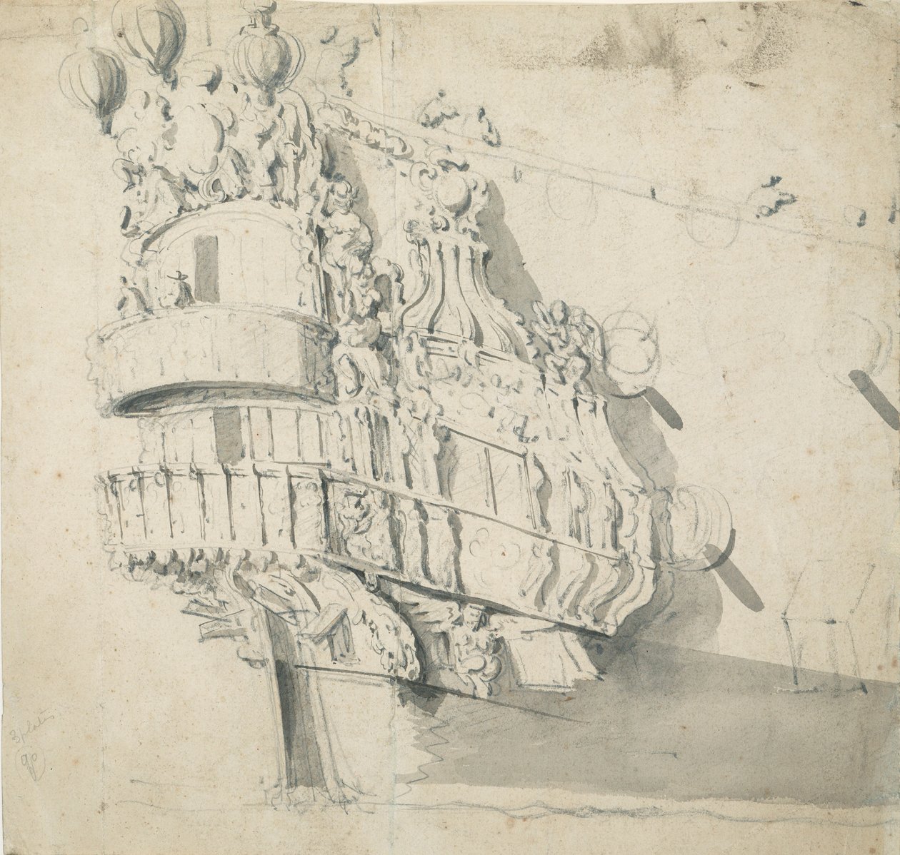 汉普顿宫 "号船尾，约 1685 年（石墨，灰水彩） 作者 威廉·范·德·维尔德·韦尔德