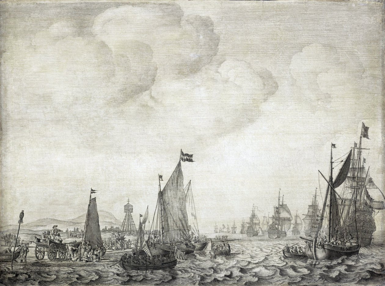 1645 年 6 月 9 日，前往东方的商船及其护卫离开 Vlie（或 Vliestroom），Vlieland 岛和 Treschelling 岛（荷兰）之间的海上航线 作者 威廉·范·德·维尔德·韦尔德