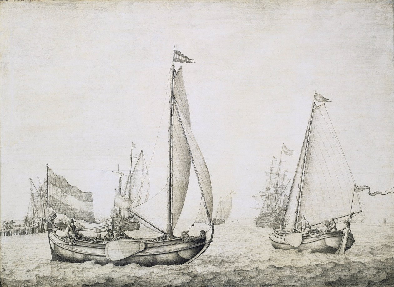 两艘荷兰船只正在起航，可能是在阿姆斯特丹港（荷兰）。木板格栅画，约 1660 年，作者威廉-凡-德-维尔德（Willem van de Velde，1611-1693 年）。 作者 威廉·范·德·维尔德·韦尔德