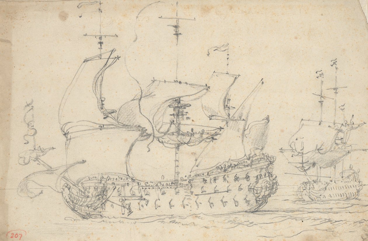 两名英国三流选手正在进行比赛，约 1675 年（铅笔） 作者 威廉·范·德·维尔德·韦尔德