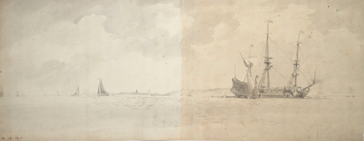 一艘起锚的荷兰战舰，约 1666 年（石墨） 作者 威廉·范·德·雅戈尔·维尔德