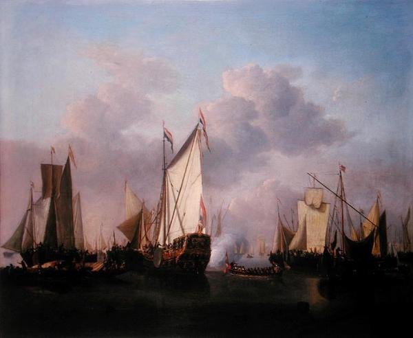 一个国家的游艇和其他船只在一个非常轻的空气中，约1655年（布面油画） 作者 威廉·范·德·雅戈尔·维尔德