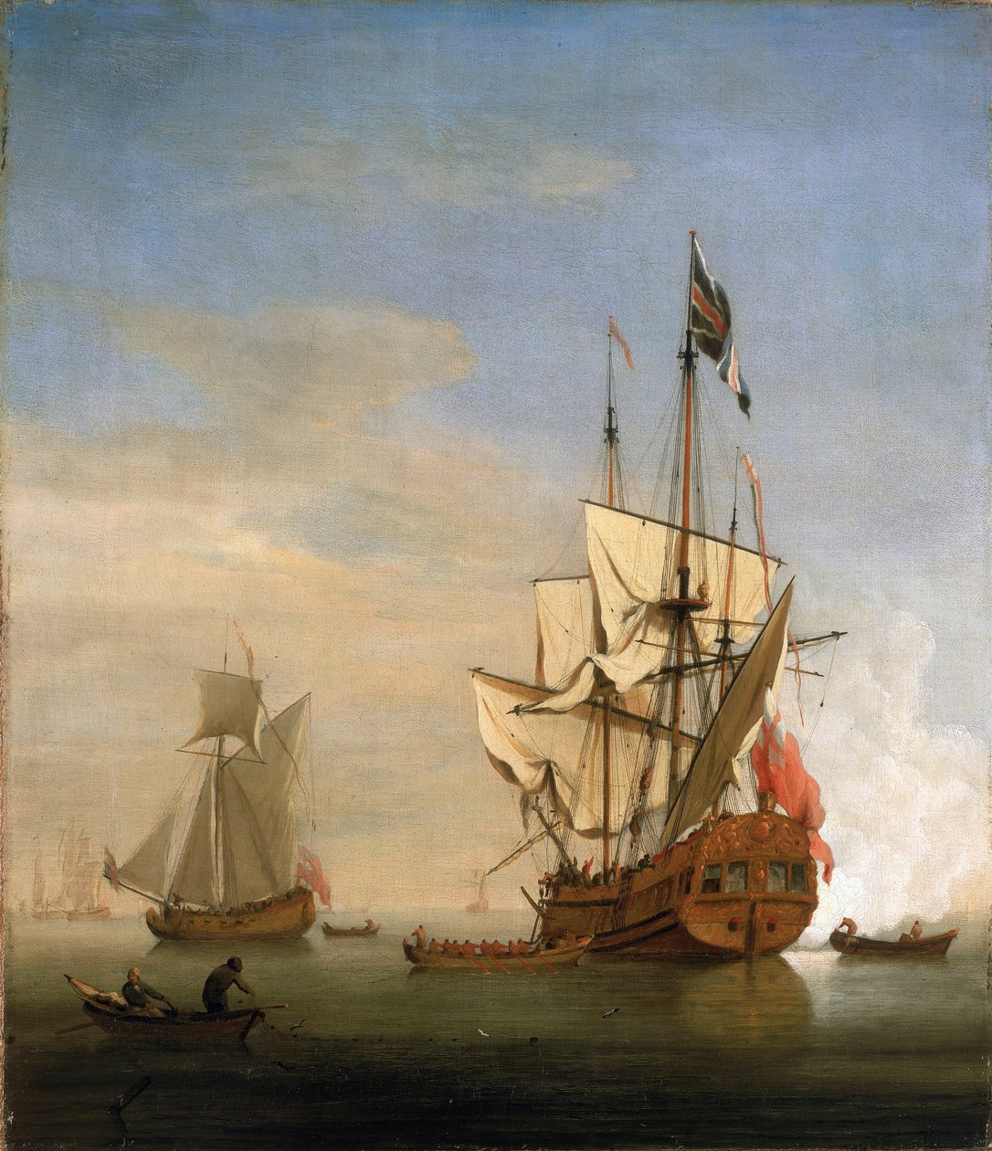 一艘六级（sixth-rate）英国小型战舰，鸣炮致意。布面油画 作者 威廉·范·德·雅戈尔·维尔德