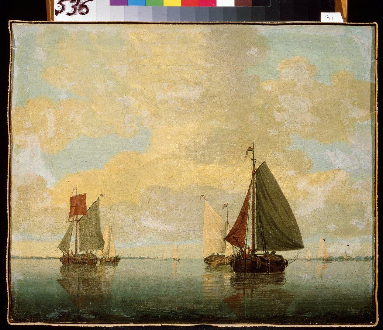 帆船。小威廉-凡-德-维尔德（1633-1707 年）的画作。布面油画，24.5 x 32.5 厘米，17 世纪晚期。佛兰德艺术，巴洛克风格。圣彼得堡冬宫博物馆。 作者 威廉·范·德·雅戈尔·维尔德