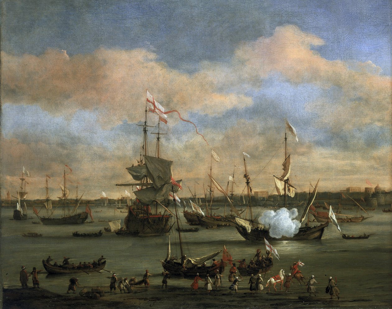 地中海港口的英国商船。布面油画 作者 威廉·范·德·雅戈尔·维尔德