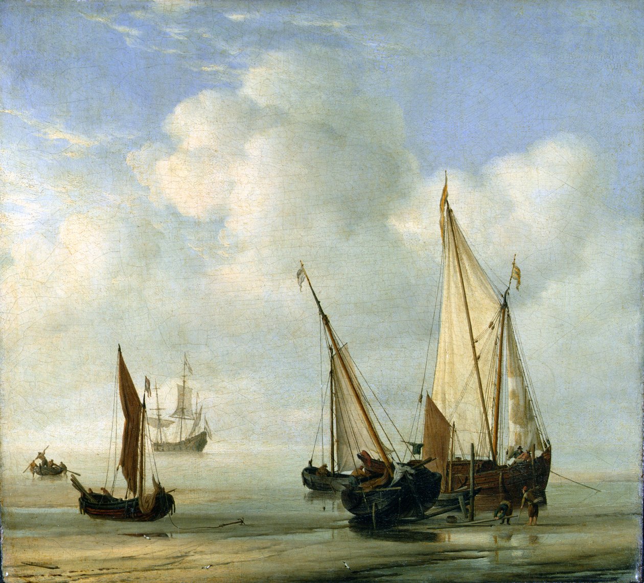 平静的海面。 c.1650（面板上的布面油画） 作者 威廉·范·德·雅戈尔·维尔德