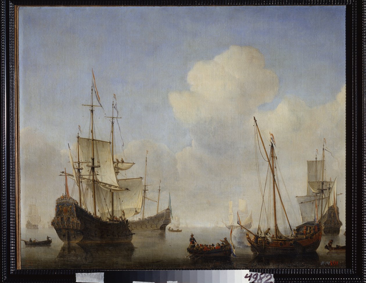 西非海岸的荷兰中队。小威廉-凡-德-维尔德（1633-1707 年）的画作。布面油画，约 1660 年，荷兰画派，巴洛克艺术。圣彼得堡彼得霍夫国家露天博物馆 作者 威廉·范·德·雅戈尔·维尔德