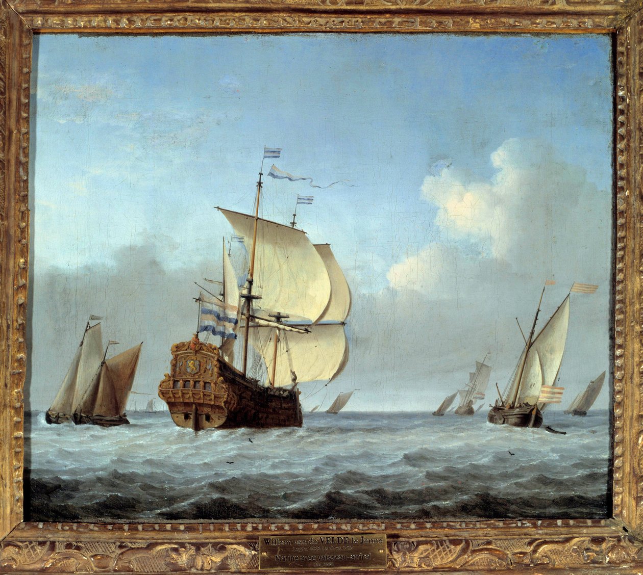 海军与旗舰 绘画 作者 Willem Van de Velde II le Jeune (1633-1707) 17 世纪太阳。 0,35x0,42 米 作者 威廉·范·德·雅戈尔·维尔德