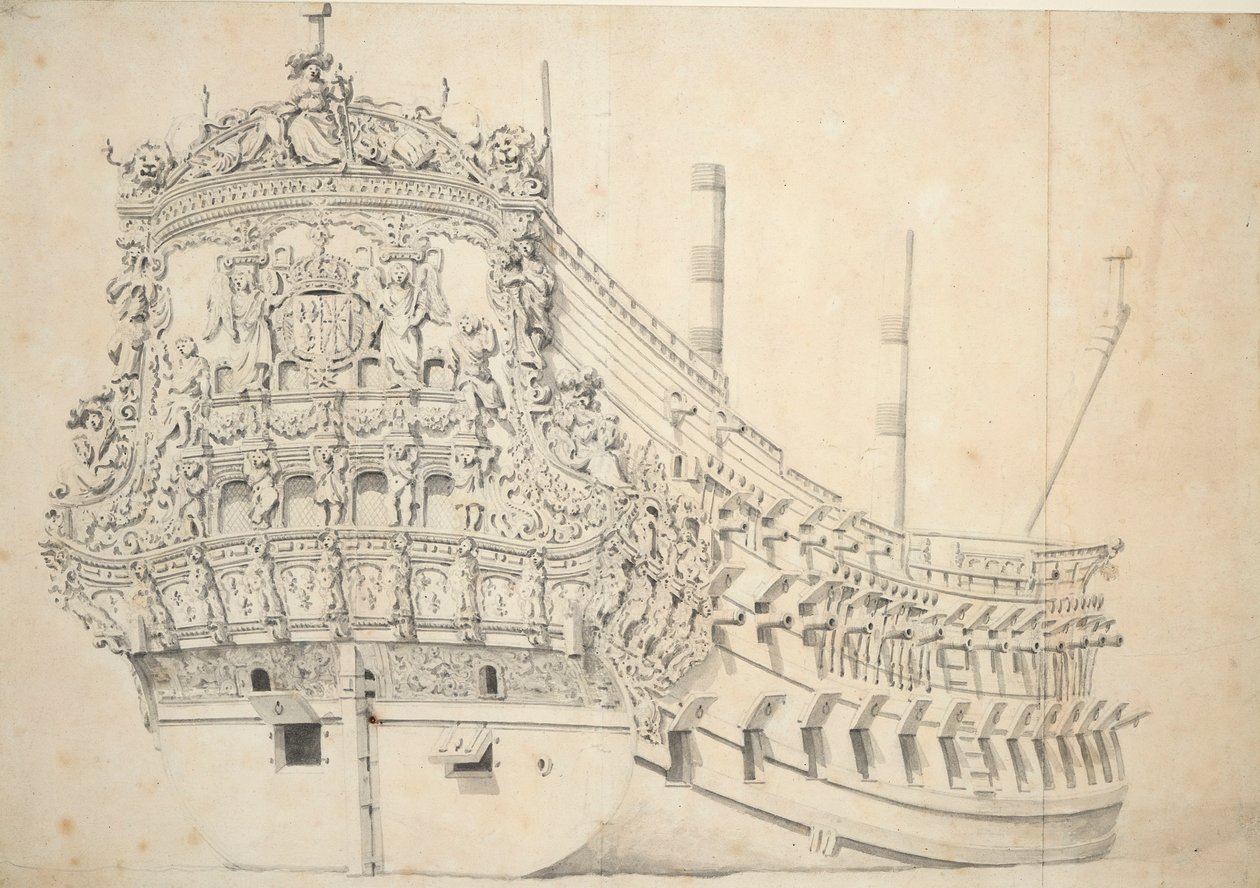 一艘法国双层帆船的肖像。1666-1667 年建于荷兰，约 1667 年（石墨，灰水彩） 作者 威廉·范·德·雅戈尔·维尔德