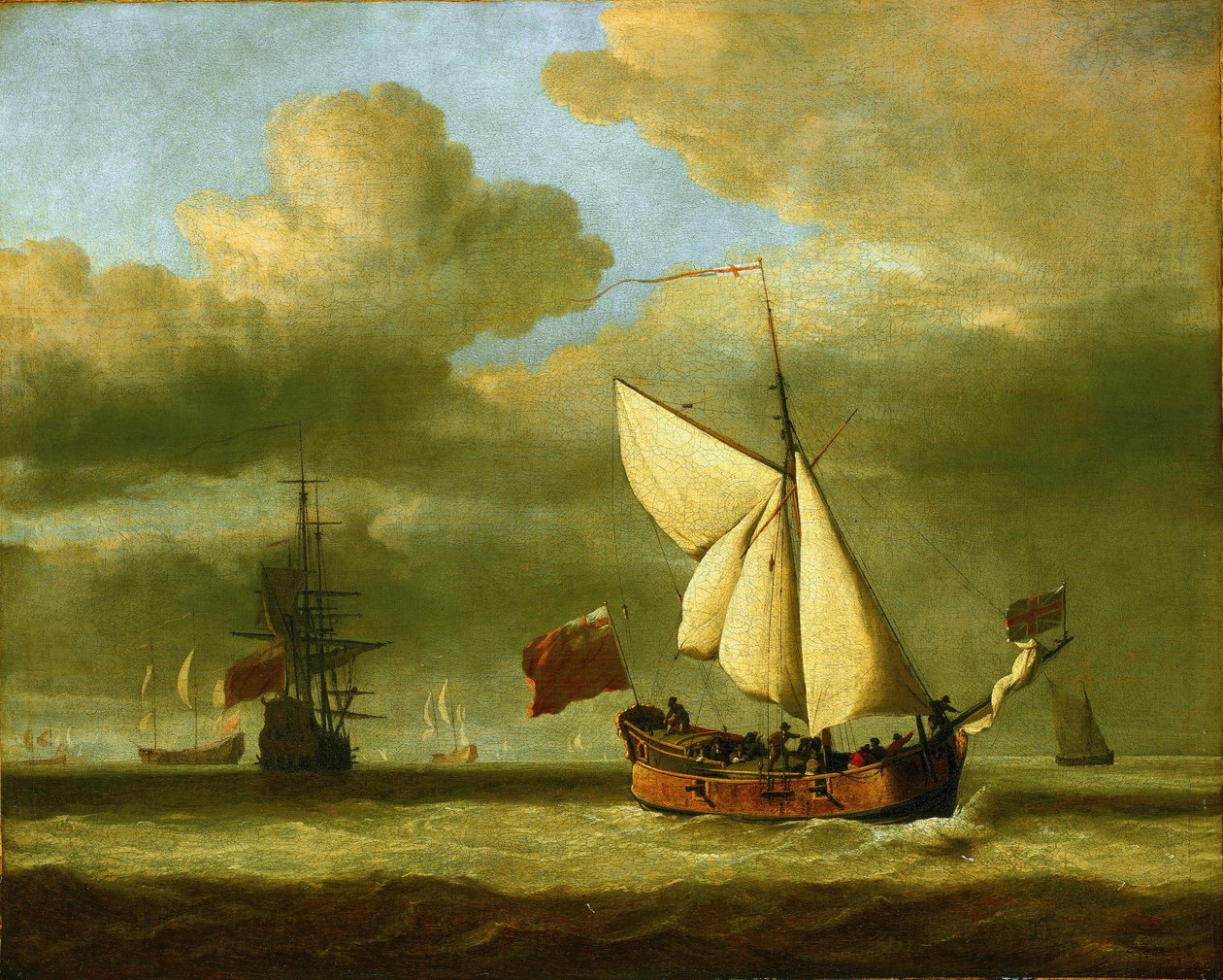 皇家逃亡号 "游艇在风中摇摆，原名 "惊奇号"，1651 年，英国查理二世（1630-1685 年）在伍斯特（英格兰）击败奥利维尔-克伦威尔（1599-1658 年）后，乘坐这艘游艇逃往法国。 作者 威廉·范·德·雅戈尔·维尔德