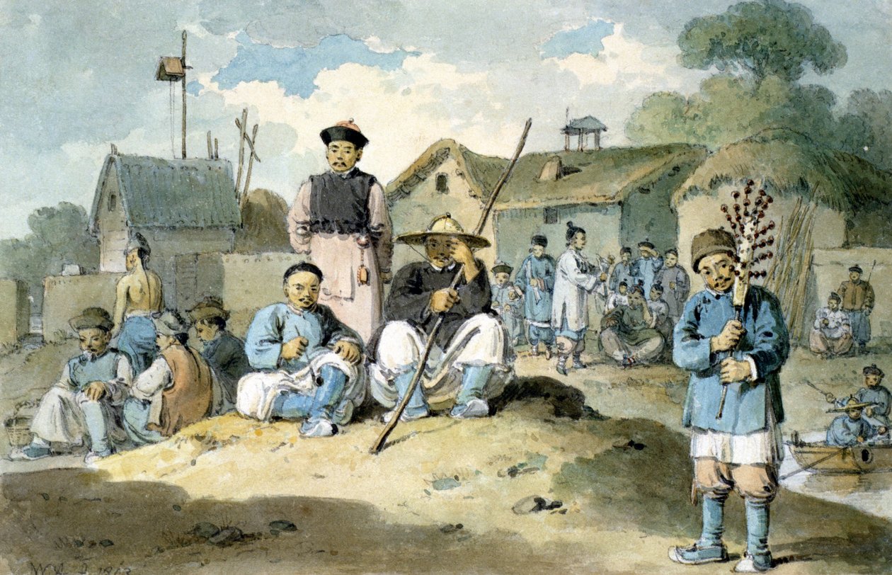 一群中国人在河岸边，看着伯爵马卡特尼的使馆通行证，1793年 作者 威廉·亚历山大