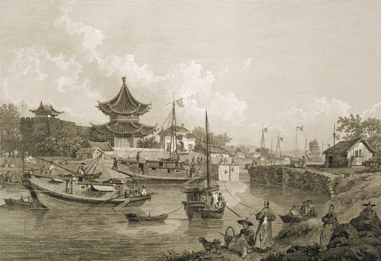 中国大使馆驳船穿过大运河的水闸，由本杰明托马斯Pouncy（fl.1772-99）酒吧刻。作者：G. Nicol，1796 作者 威廉·亚历山大