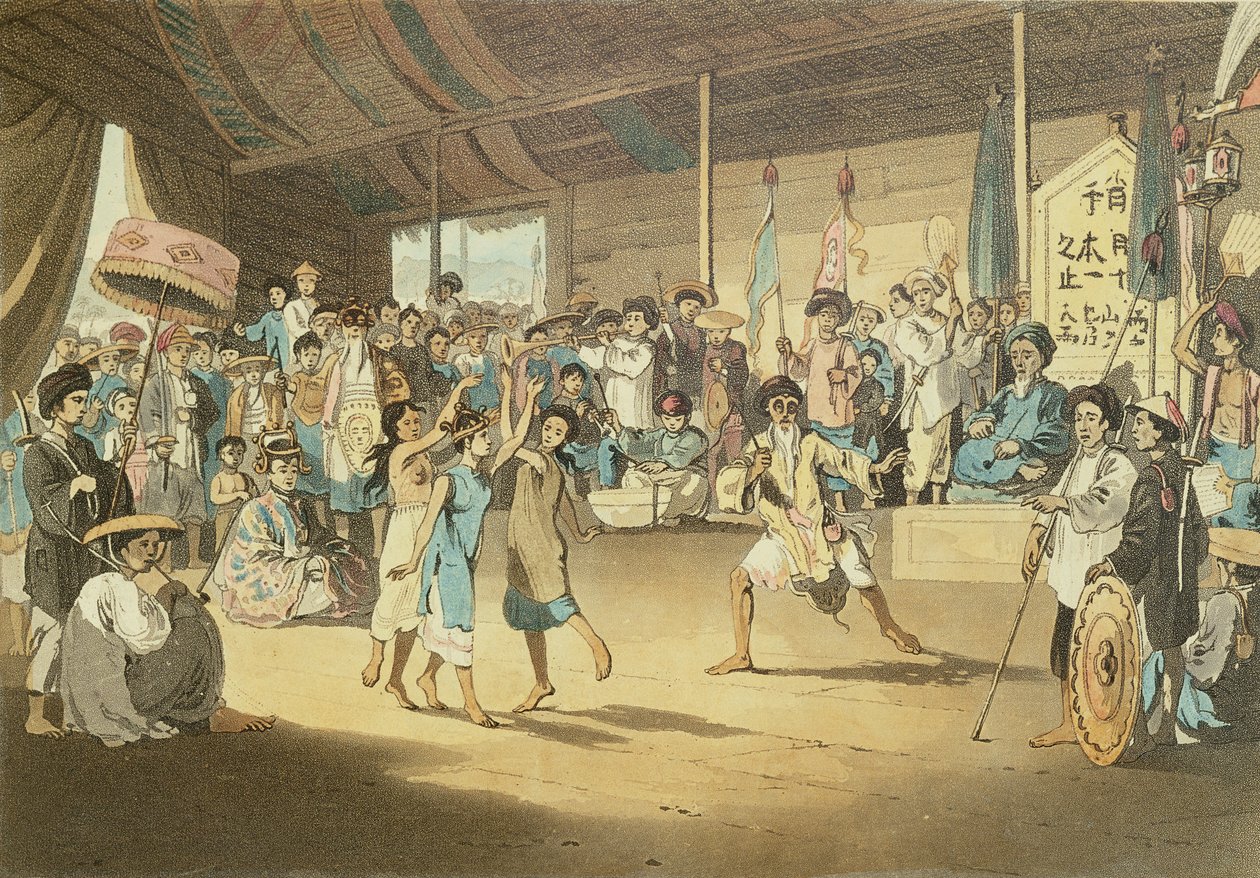 在科钦 - 中国戏曲中的场景，由约翰巴罗（1764-1848）拍摄的“A Voyage to Cochinchina”中的第13页，由Thomas Medland（1755-1823）1806（aquatint）刻 作者 威廉·亚历山大