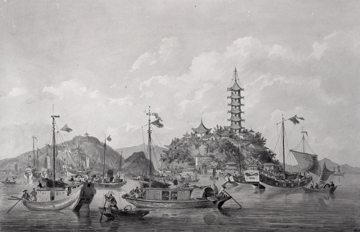 中国蓝河，金山山岛的视图，c.1794（钢笔，墨水和水洗） 作者 威廉·亚历山大