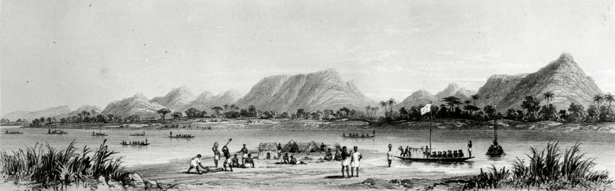 Bokwen附近的山脉和市场独木舟，来自“尼日尔河上的风景如画：1832年至1933年兰德的最后一次访问”，1840年出版的Thomas Picken的石版画 作者 威廉·艾伦