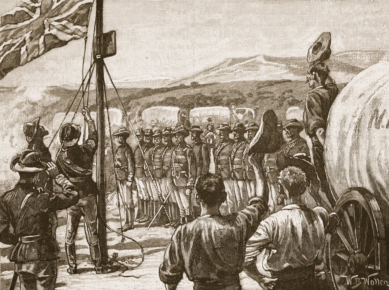 1890年，英国南非公司在马绍纳兰的先驱，插图来自“卡塞尔的英国插图史”（棕褐色照片） 作者 威廉·巴恩斯（William Barnes）羊毛