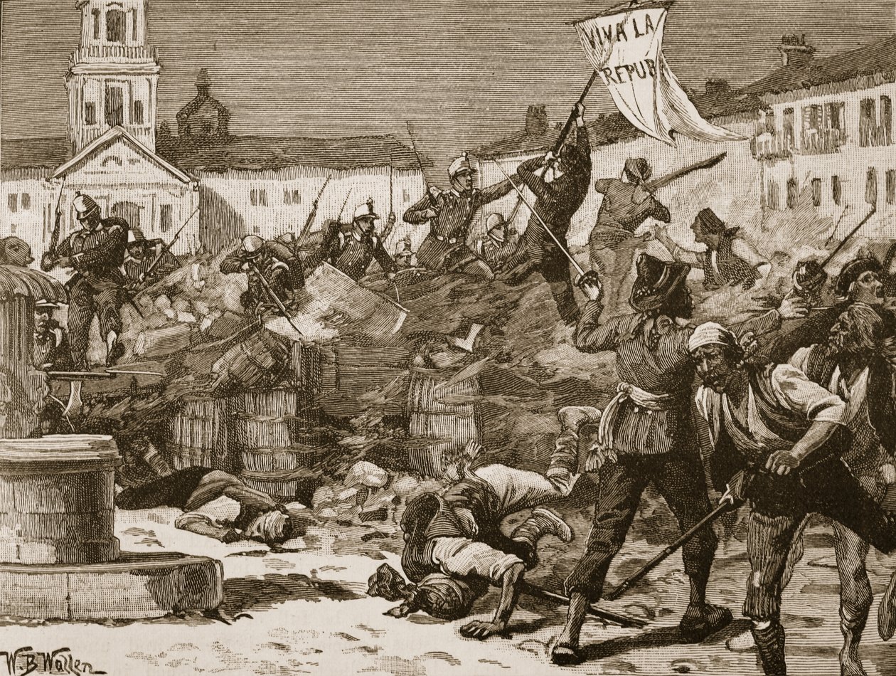 1869年在马拉加的街头斗争，来自&39;卡塞尔的英国插图历史&39;的插图（棕褐色照片） 作者 威廉·巴恩斯（William Barnes）羊毛