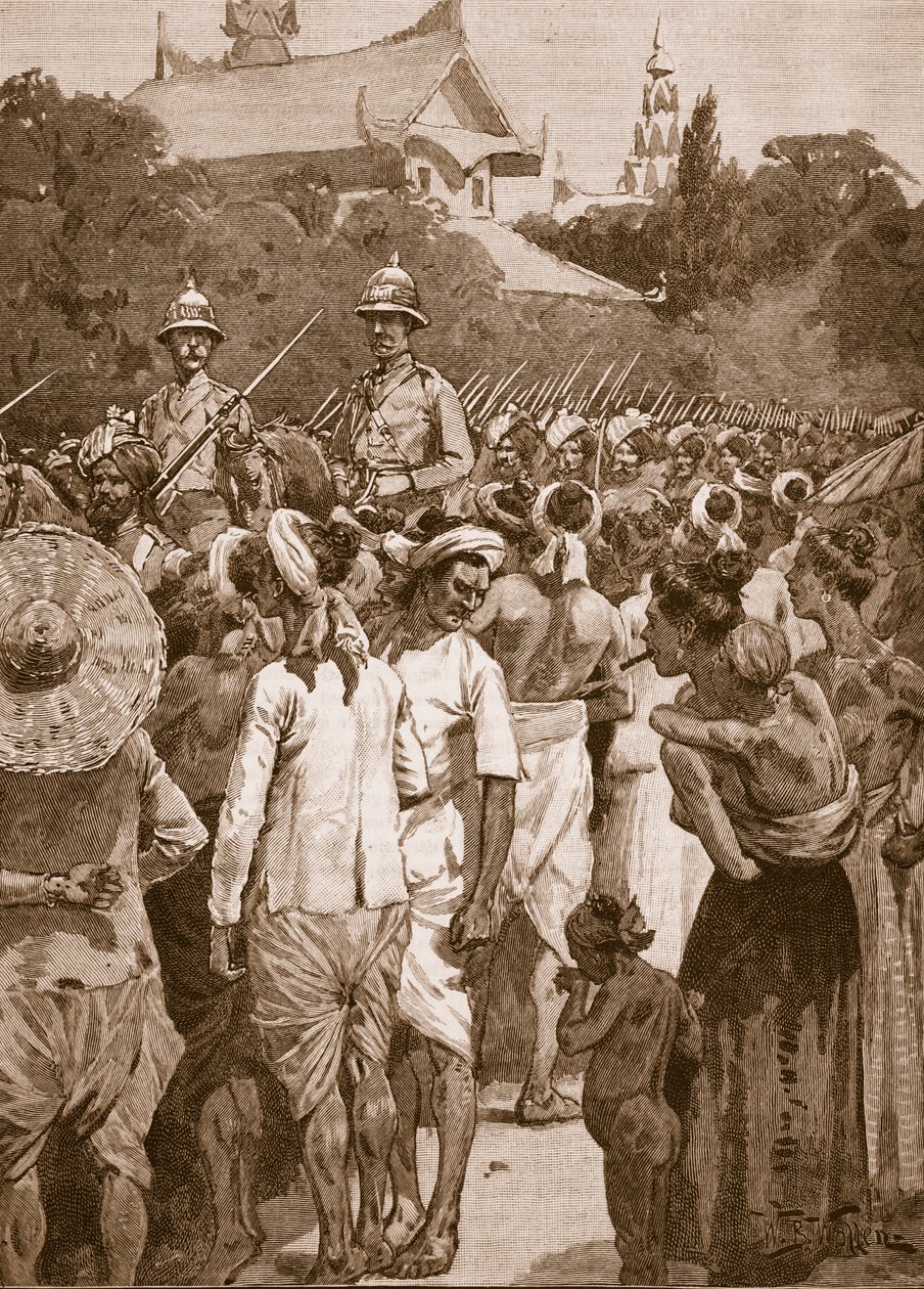 英国军队进入曼德勒，1885年，插图来自“卡塞尔的英国插图史”（棕褐色照片） 作者 威廉·巴恩斯（William Barnes）羊毛