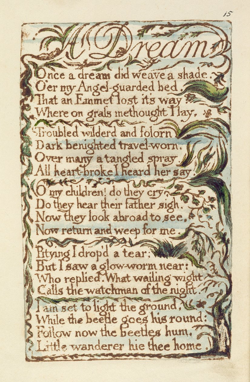 来自纯真和经验之歌的梦想插图（Bentley Copy L）第15页（Bentley 26）1789-94（用笔在纸上进行浮雕蚀刻） 作者 威廉·布雷克