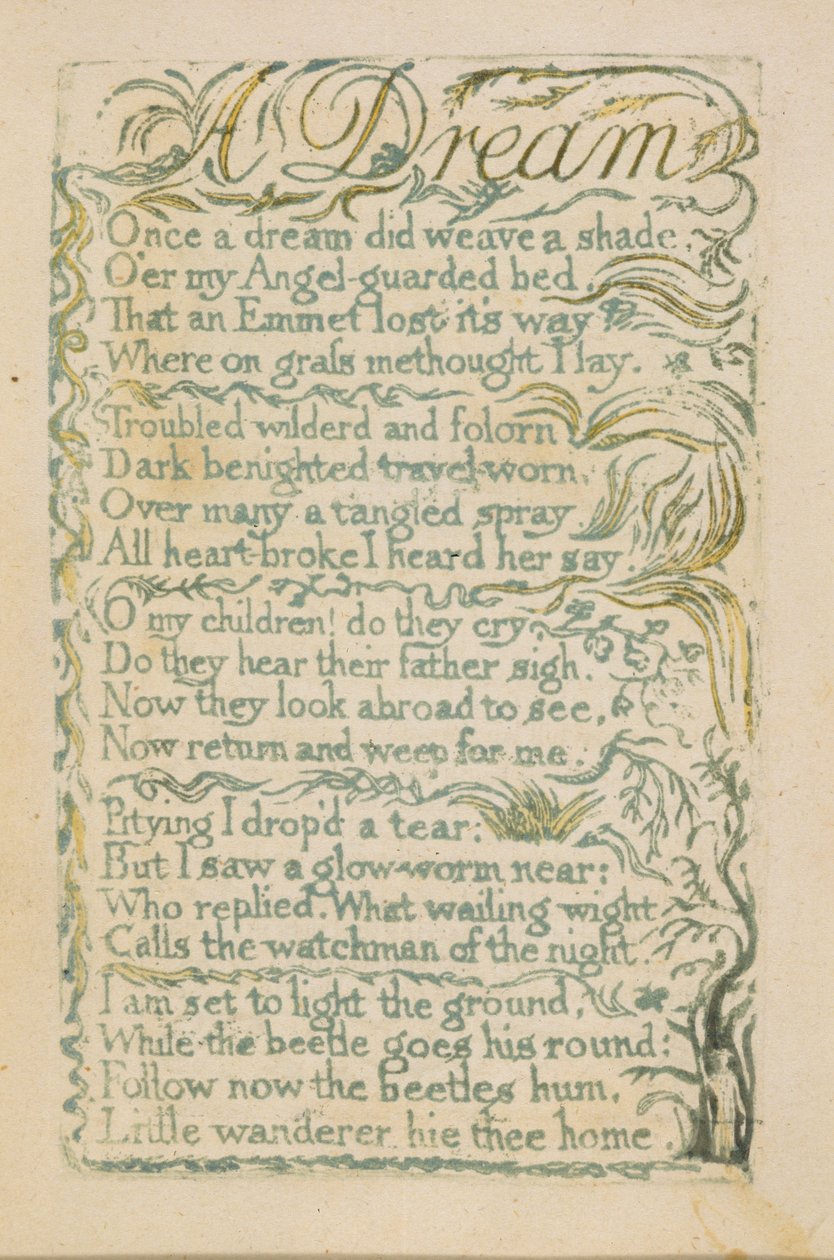 “梦想”，来自&39;纯真的歌曲&39;的第14页，&39;1789年（用水彩手工彩色浮雕蚀刻） 作者 威廉·布雷克