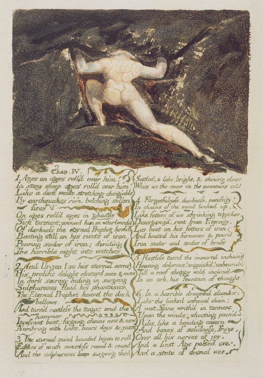 “岁月的岁月在他身上滚动......”，来自“Urizen的第一本书”的第9页，1794年（使用wc的彩色印刷浮雕蚀刻） 作者 威廉·布雷克