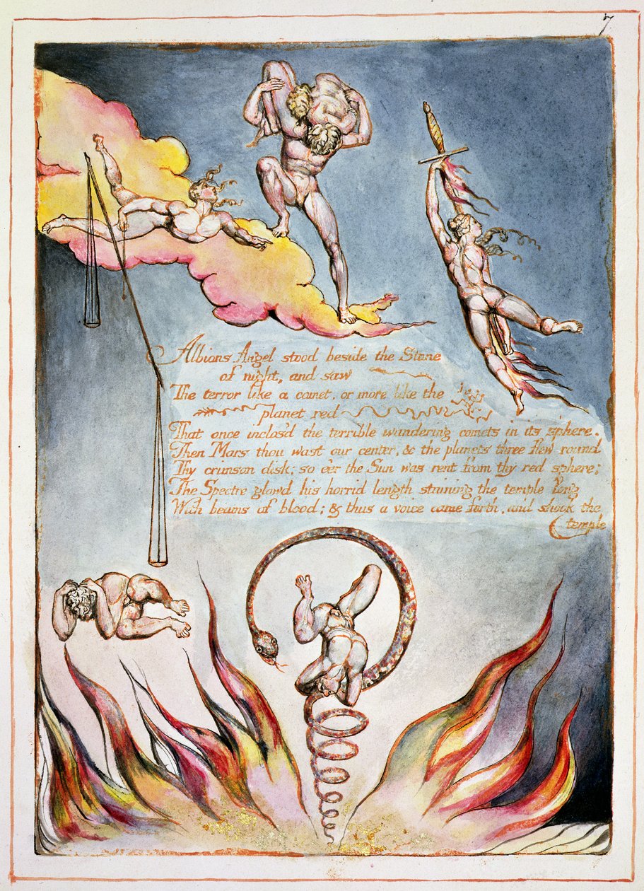 阿尔比恩的天使站在旁边，来自&39;美国，预言&39;的板5，1793年（在纸上救济蚀刻和wc） 作者 威廉·布雷克