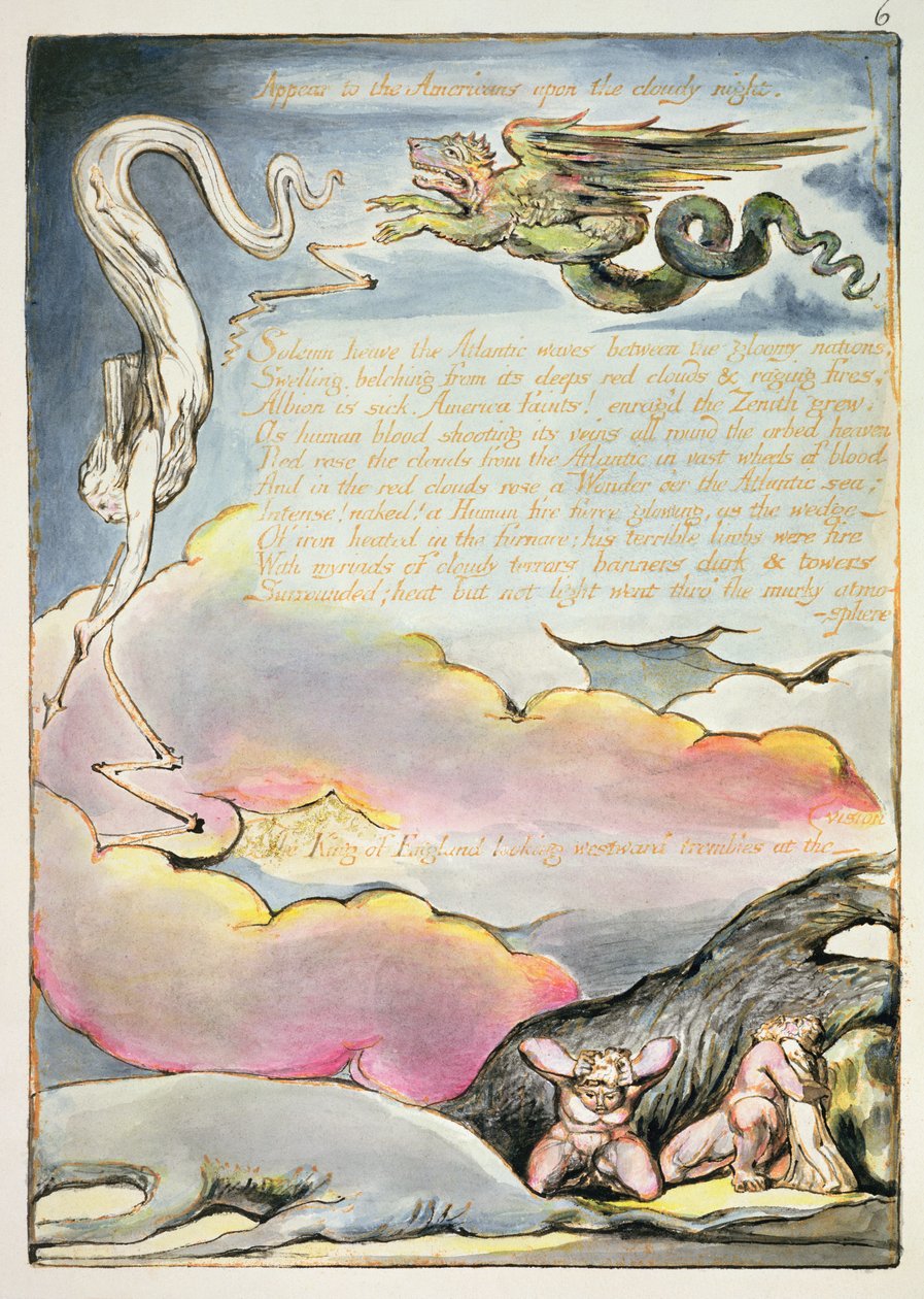 出现在美国人面前，来自“美国，预言”的板块4，1793年（纸上的浮雕蚀刻和wc） 作者 威廉·布雷克