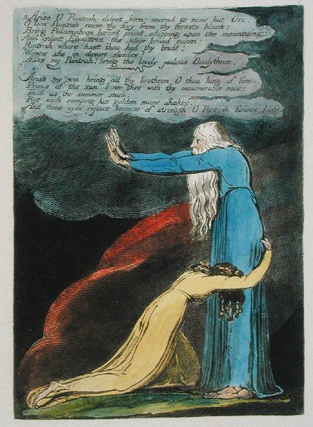 Orise O Rintrah ...来自欧洲的9号板块。一个预言，1794年（浮雕蚀刻印成深棕色，纸上有油和油） 作者 威廉·布雷克