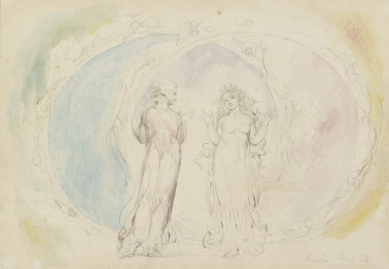 比阿特丽斯和但丁在双子座，在火焰球体中，插图到&39;神曲&39;，Paradiso，1825-27（用墨水笔和墨水在石墨上） 作者 威廉·布雷克