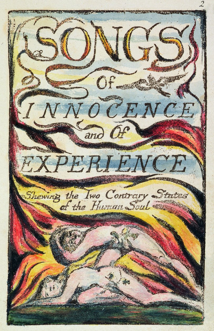 来自“纯真和经验之歌”的合并标题页，Bentley Copy L的板2，第1789-94页（浮雕蚀刻，笔和纸上的wc） 作者 威廉·布雷克
