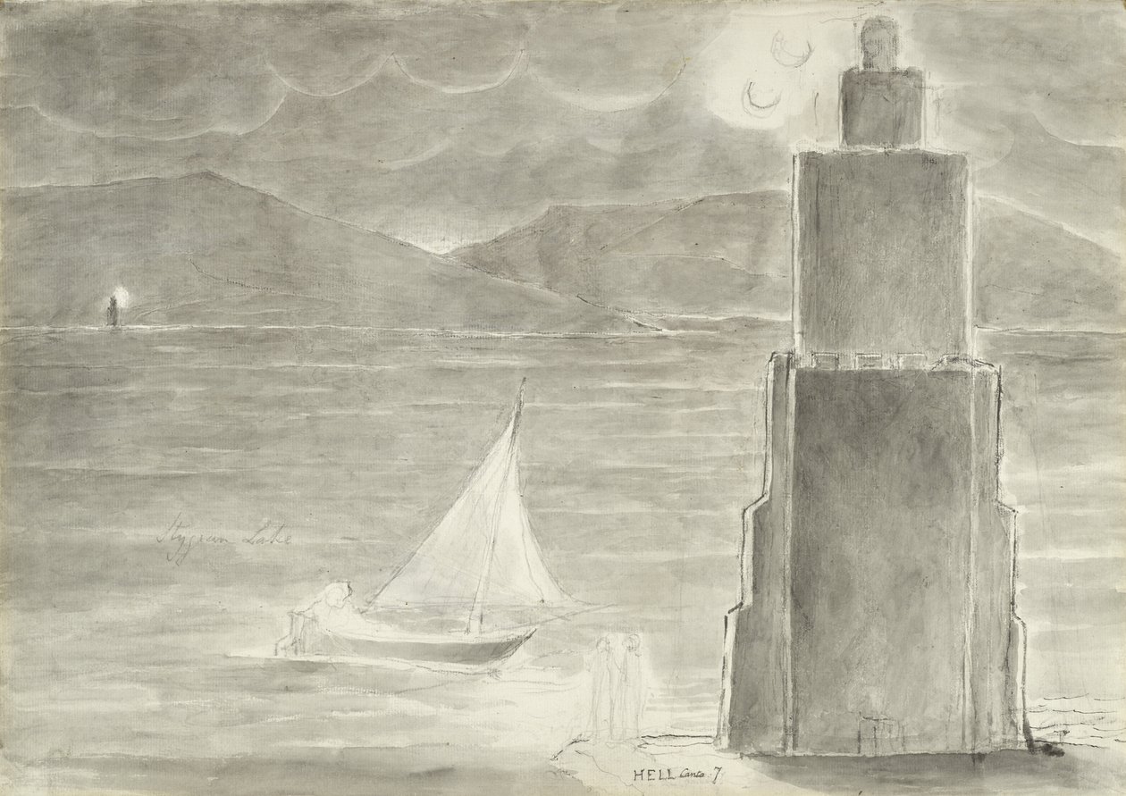 位于冥河池边缘的但丁和维吉尔，由Dante Alighieri绘制的神圣喜剧插图，1824-27（带有wc的笔和墨水，纸上用水洗和粉笔） 作者 威廉·布雷克