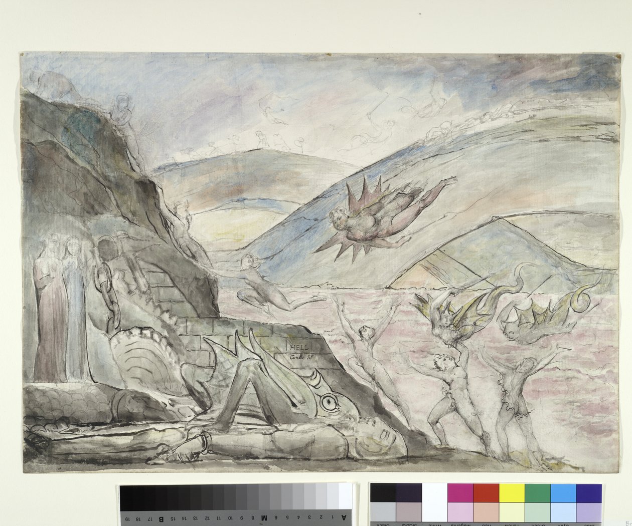 恶魔折磨Malebolge的诱惑者，由Dante Alighieri绘制的神圣喜剧插图，1824-27（笔和墨水用铅笔和粉笔在纸上） 作者 威廉·布雷克