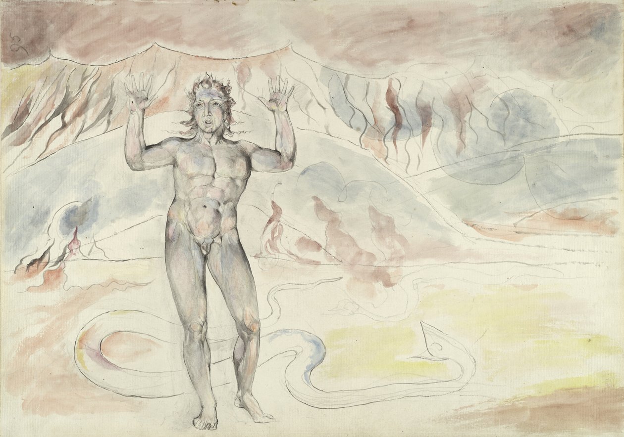 多纳蒂变成了蛇; Francesco deCavalcanti改编成一名男子，由Dante Alighieri撰写的神圣喜剧插图，1824-27（笔和墨水用铅笔和粉笔在纸上） 作者 威廉·布雷克