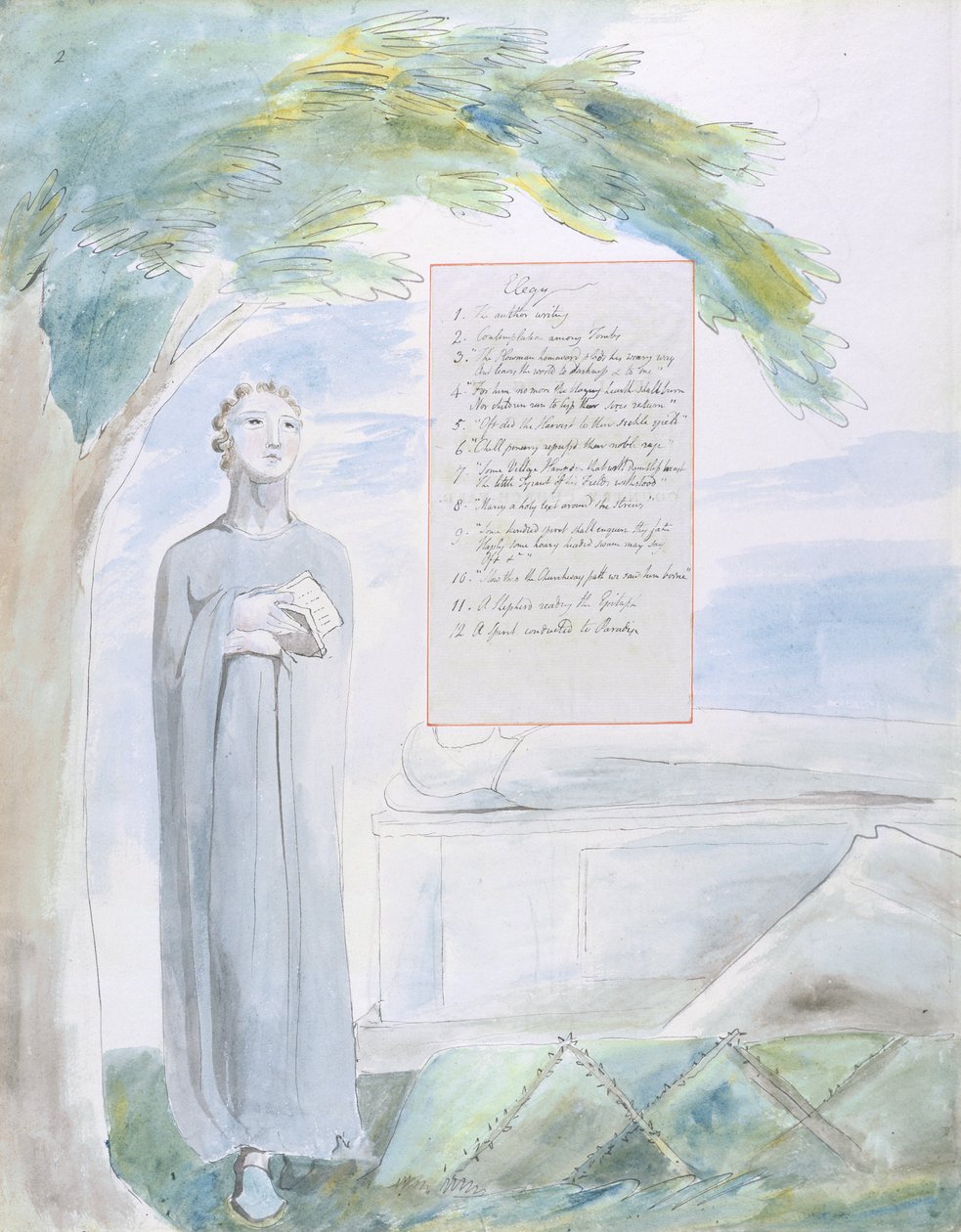 挽歌写在乡村教堂 - 院子里，设计106来自托马斯·格雷的诗，1797-98（纸上用笔和墨水写成） 作者 威廉·布雷克