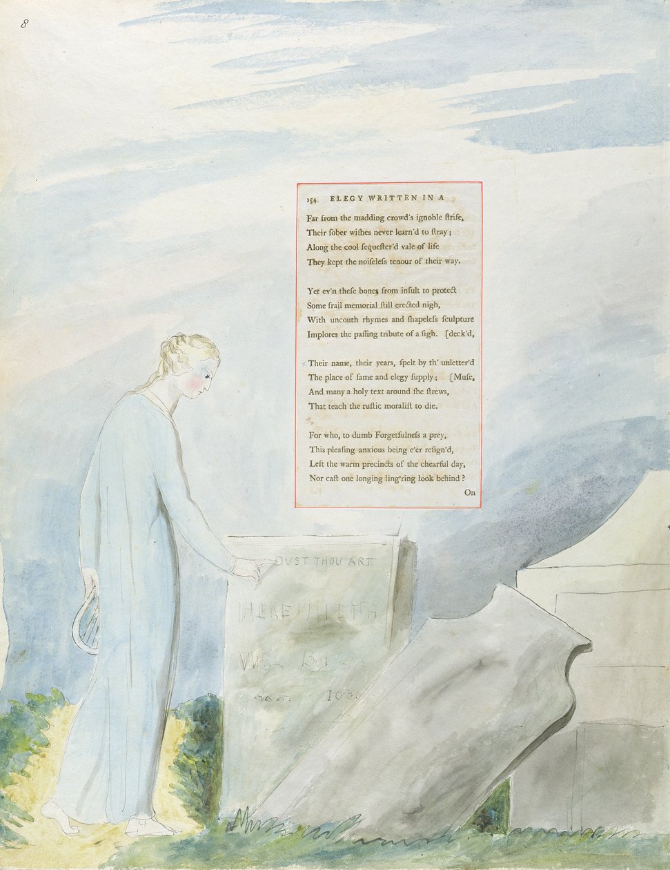 “挽歌写在乡村教堂 - 院子里”，设计112来自“托马斯·格雷的诗”，1797-98（纸上用钢笔和墨水写成） 作者 威廉·布雷克