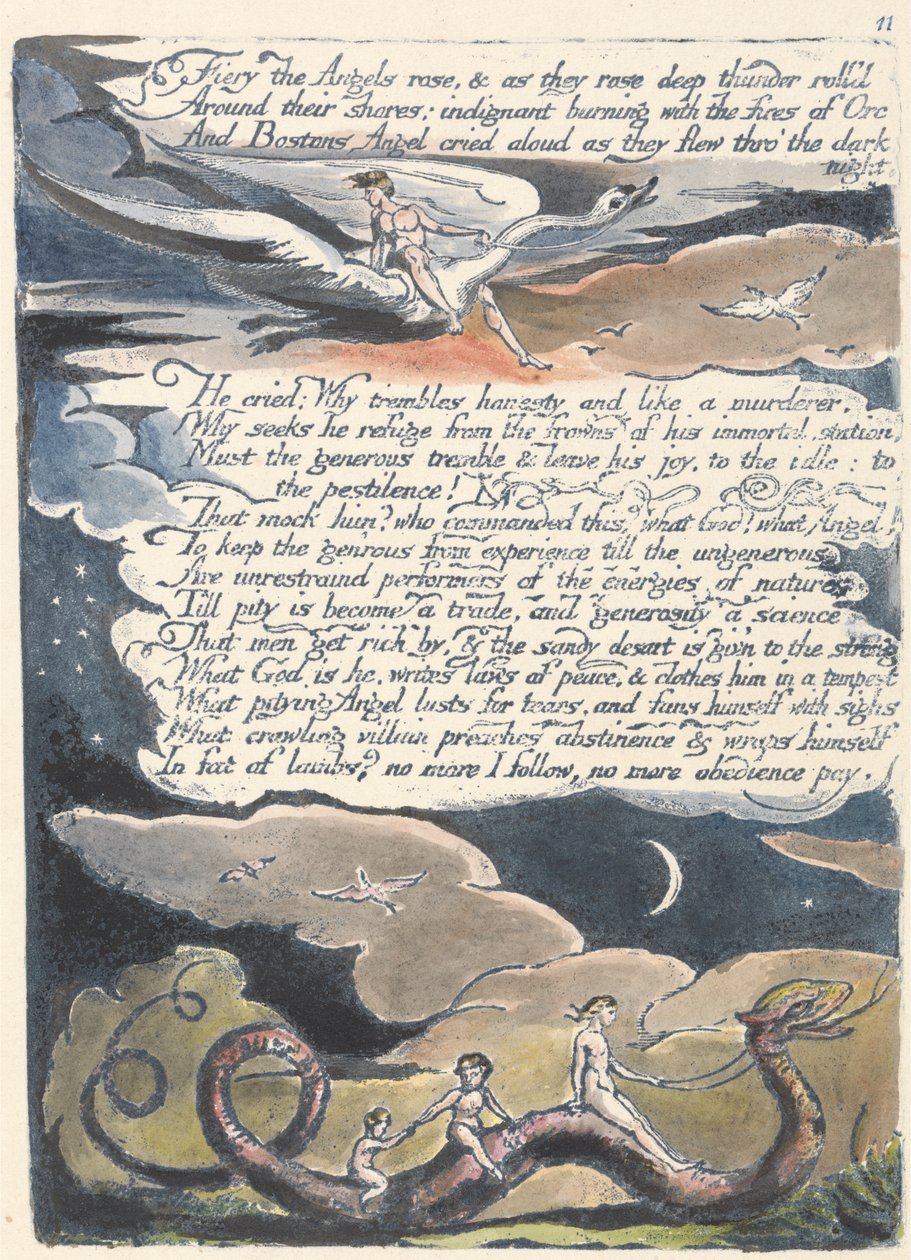 Fiery Angels玫瑰......，来自美国的第13块：预言，1793年（用笔和墨水和wc打印的蓝色凹凸蚀刻） 作者 威廉·布雷克