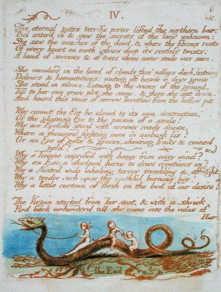 IV。永恒的大门......，来自The Book of Thel 1789的板块8（用纸上的wc打印的浮雕蚀刻） 作者 威廉·布雷克