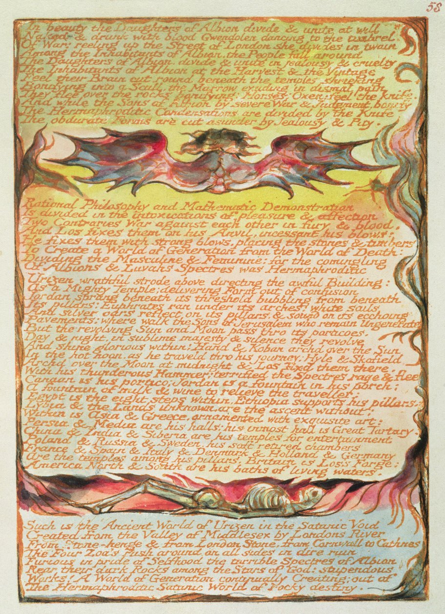 “美女阿尔比恩的女儿们......”，“耶路撒冷”中的第58页，1804-20（用笔和水彩打印的橙色浮雕蚀刻） 作者 威廉·布雷克