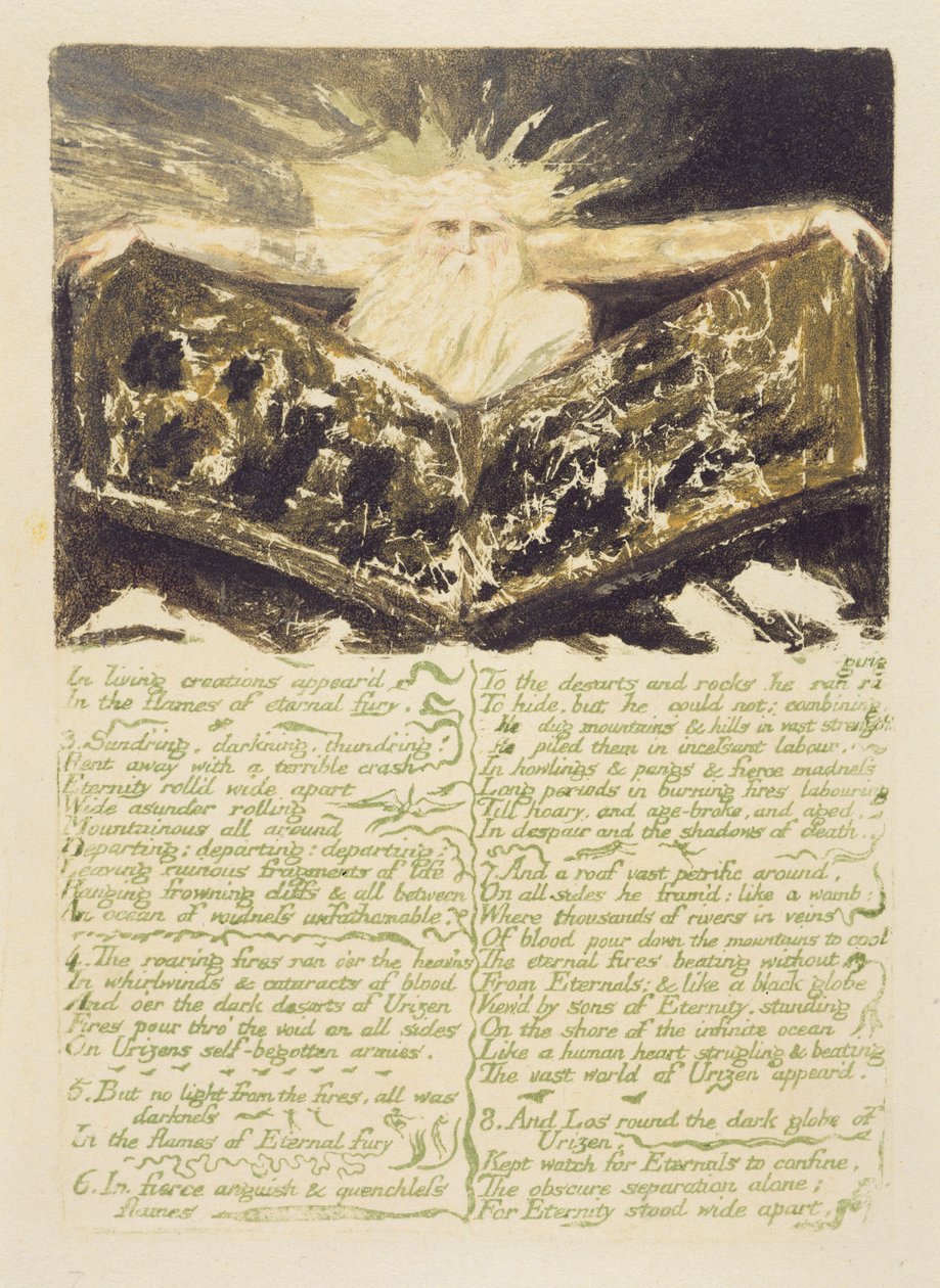“在生活创作中出现了......”，来自“Urizen的第一本书”的第6页，1794年（使用wc的彩色印刷浮雕蚀刻） 作者 威廉·布雷克