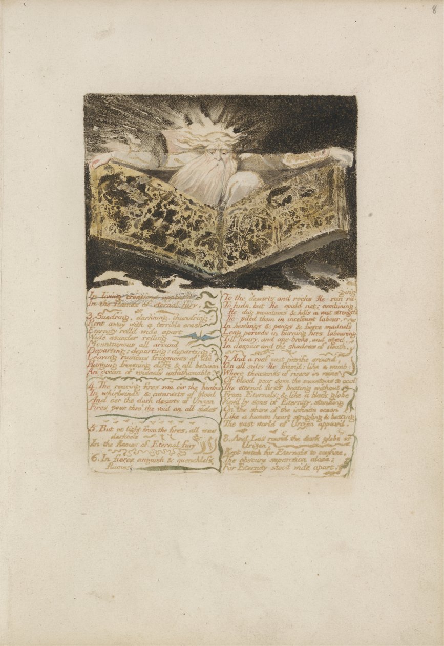 在生活创作中出现......，来自The First Book of Urizen，1794的版画8（用墨水和wc进行彩色印刷浮雕蚀刻） 作者 威廉·布雷克
