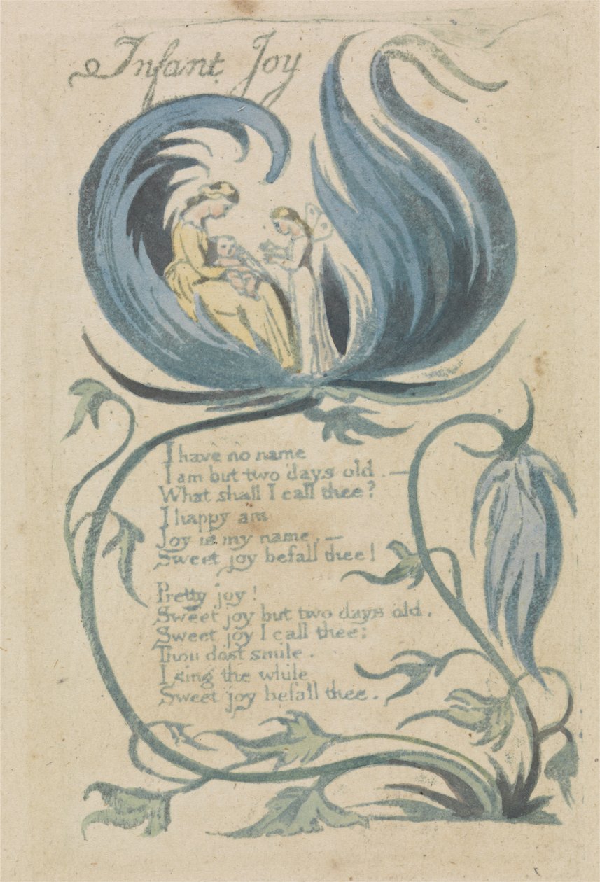 Infant Joy，1789年来自纯真之歌的板块27号（手上着色浮雕蚀刻纸上的wc） 作者 威廉·布雷克