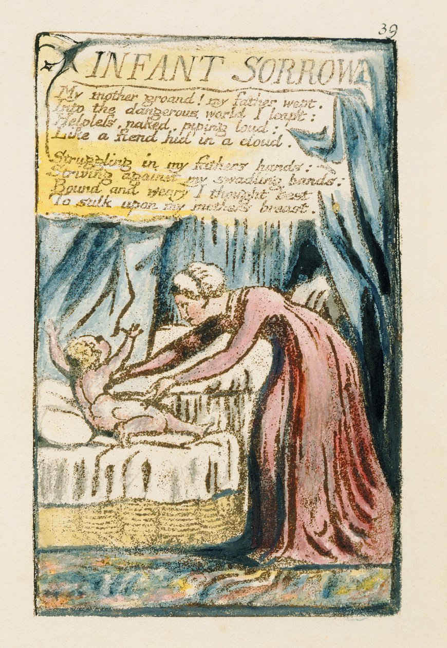 “婴儿悲伤”，第39页（Bentley 48）来自“纯真和经验之歌”（Bentley Copy L）1789-94（用笔和wc进行浮雕蚀刻） 作者 威廉·布雷克
