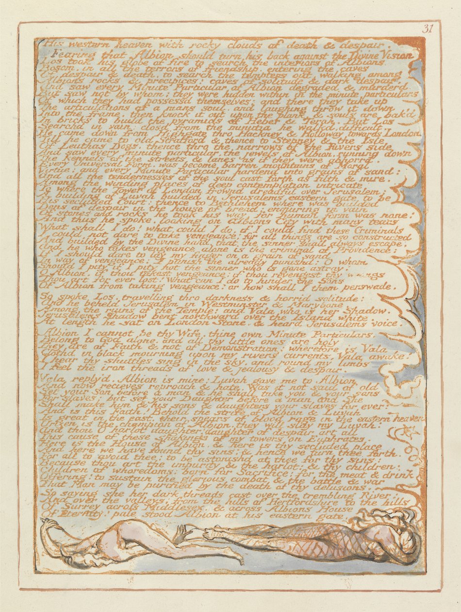 耶路撒冷他的西方天堂......，第31页，来自耶路撒冷，由威廉布莱克（1757-1827），1804-1820（在纸上用笔和wc进行浮雕蚀刻）的巨人阿尔比恩的散发 作者 威廉·布雷克