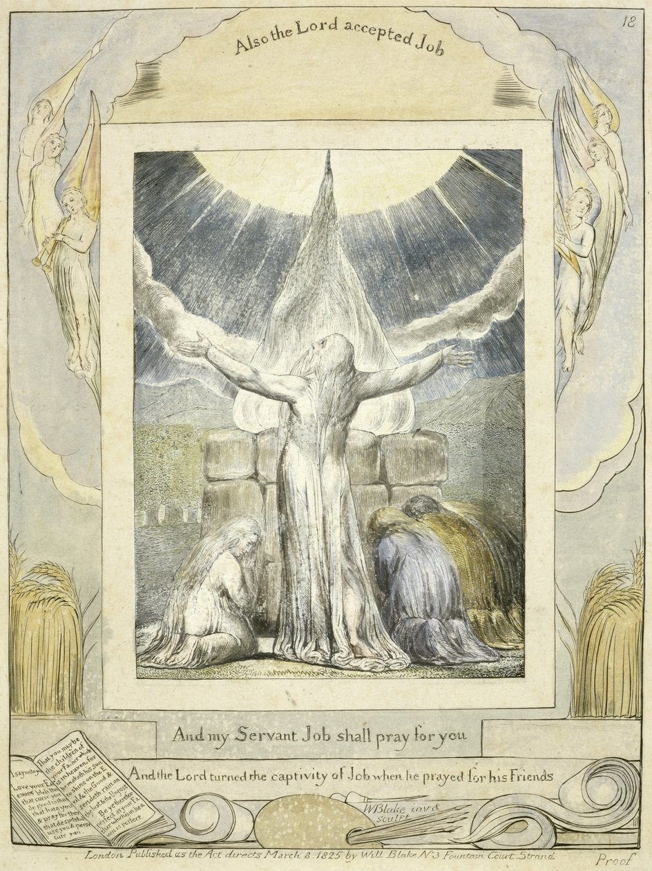 作业祈祷（第18页），来自约伯记，c.1793（手工彩色线条雕刻） 作者 威廉·布雷克