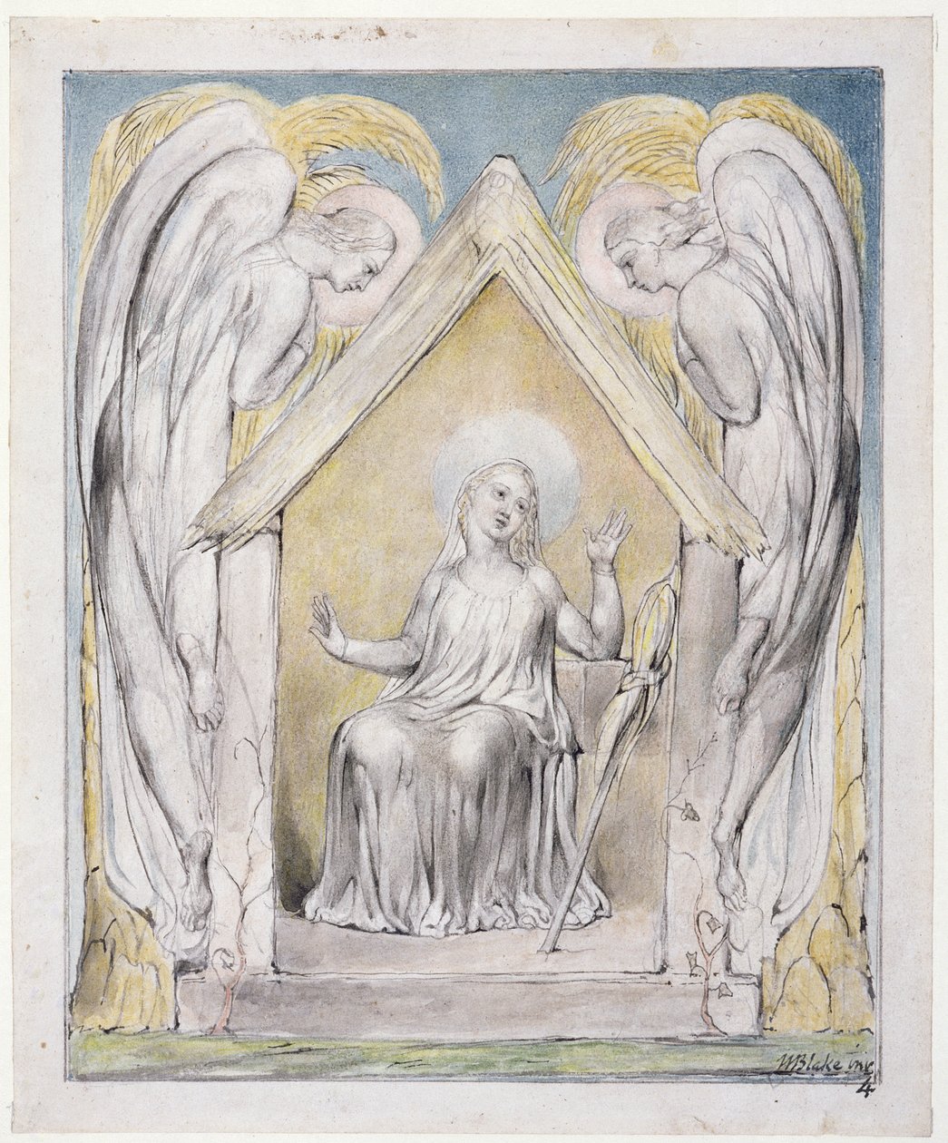 玛丽对基督的哀悼，约翰米尔顿的“重获天堂”插图，1816-18（笔墨，灰色洗和纸上写的） 作者 威廉·布雷克