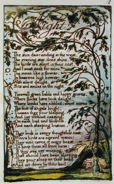 夜晚，从纯真和经验之歌（Bentley Copy L）pl.18（Bentley 20）1789-94（用笔和纸张在纸上进行浮雕蚀刻）的插图 作者 威廉·布雷克