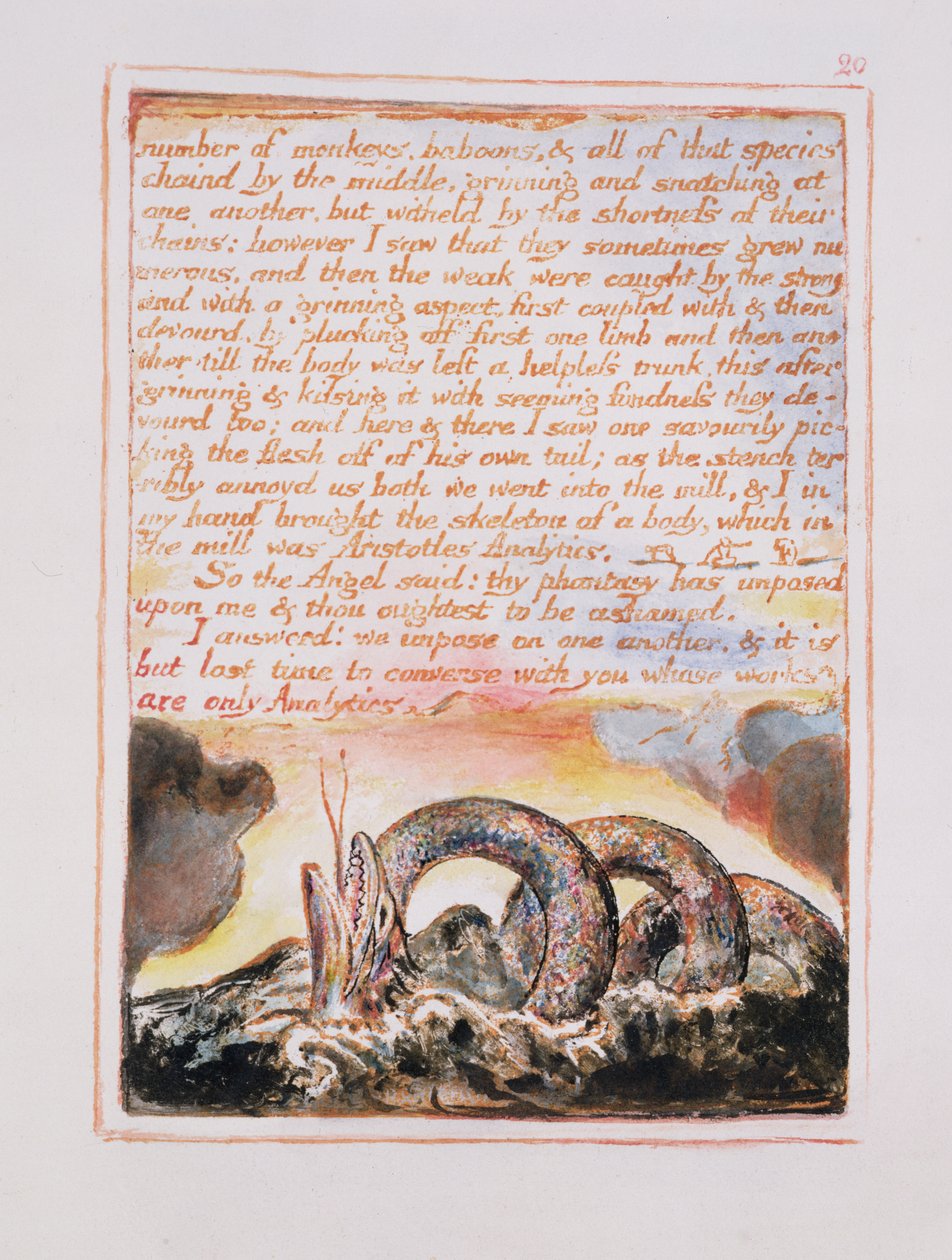 “天堂与地狱”中的猴子，狒狒......，插图和文字的数量，c.1790-3（用笔和wc完成的浮雕蚀刻） 作者 威廉·布雷克