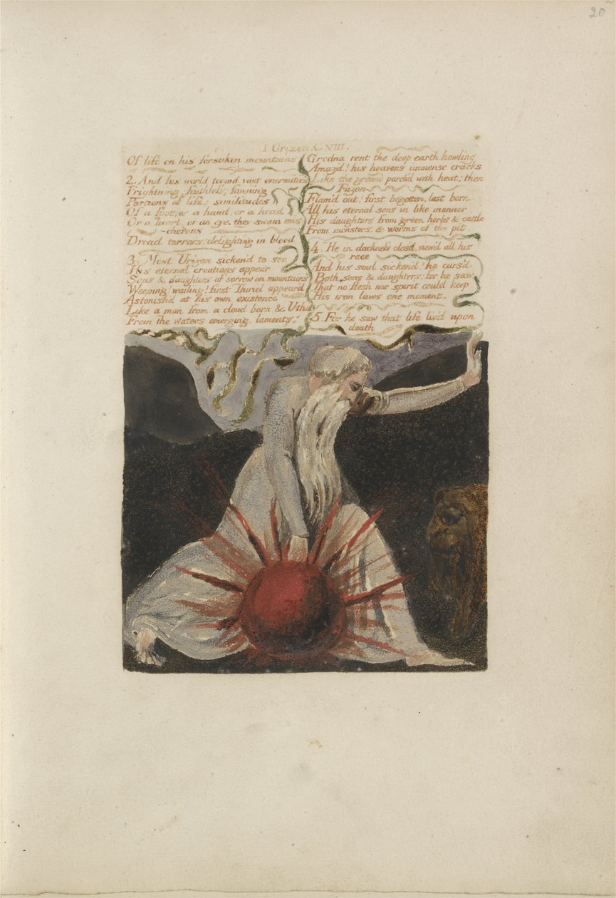 生命中被遗弃的山脉......，“Urizen的第一本书”中的第24页，1794年（用墨水和纸张上的彩色印刷浮雕蚀刻） 作者 威廉·布雷克